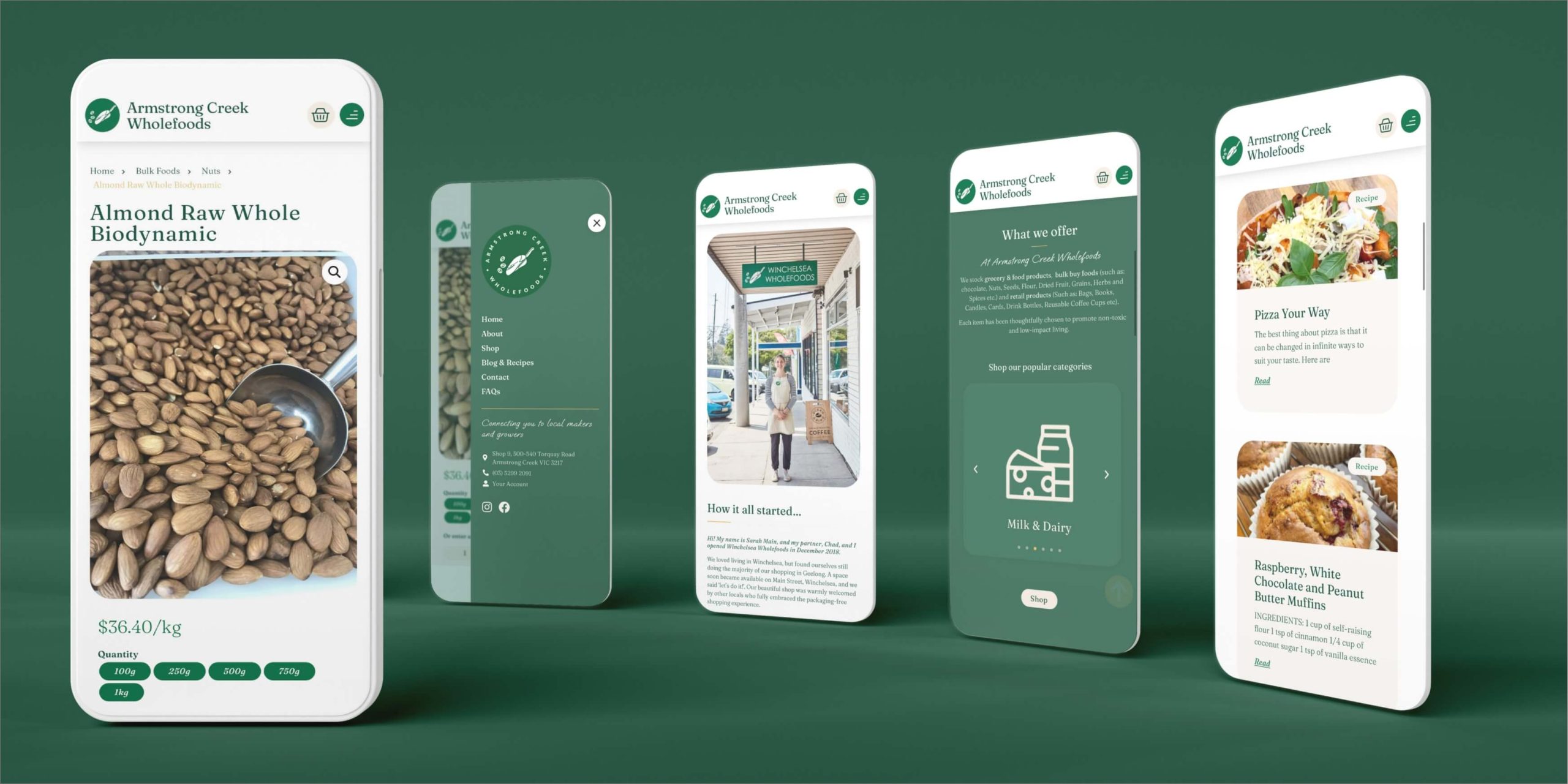 Armstrong Creek Wholefoods website shown on multiple mobile phone shaped icons