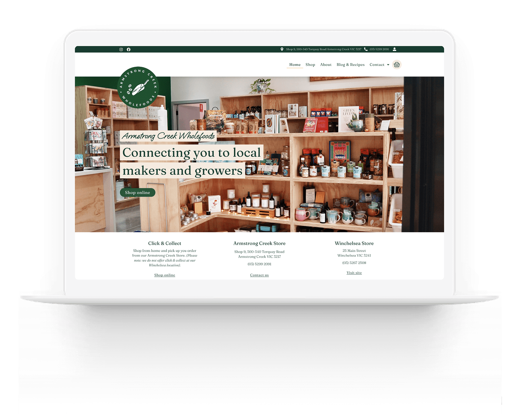 Armstrong Creek Wholefoods website preview on a laptop