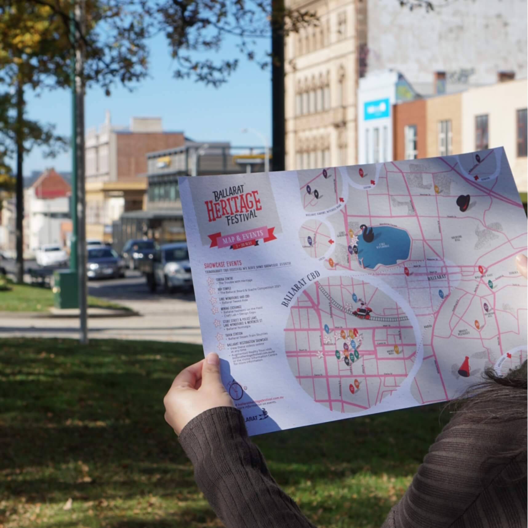 Ballarat Heritage Festival map shown by Alex, standing on Sturt Street, Ballarat