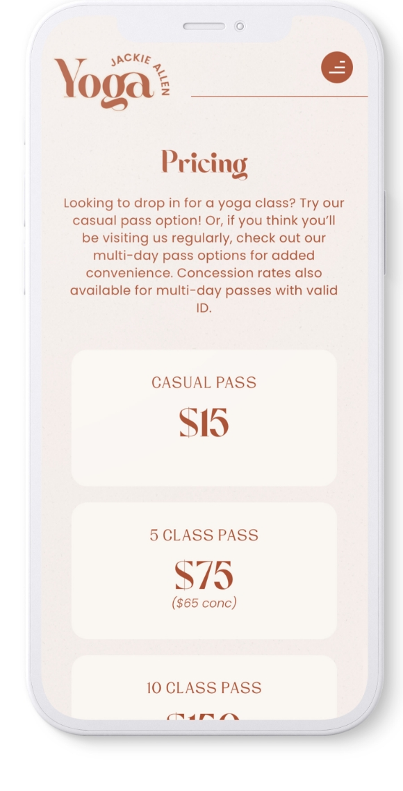 Jackie Allen Yoga's website shown on a mobile phone