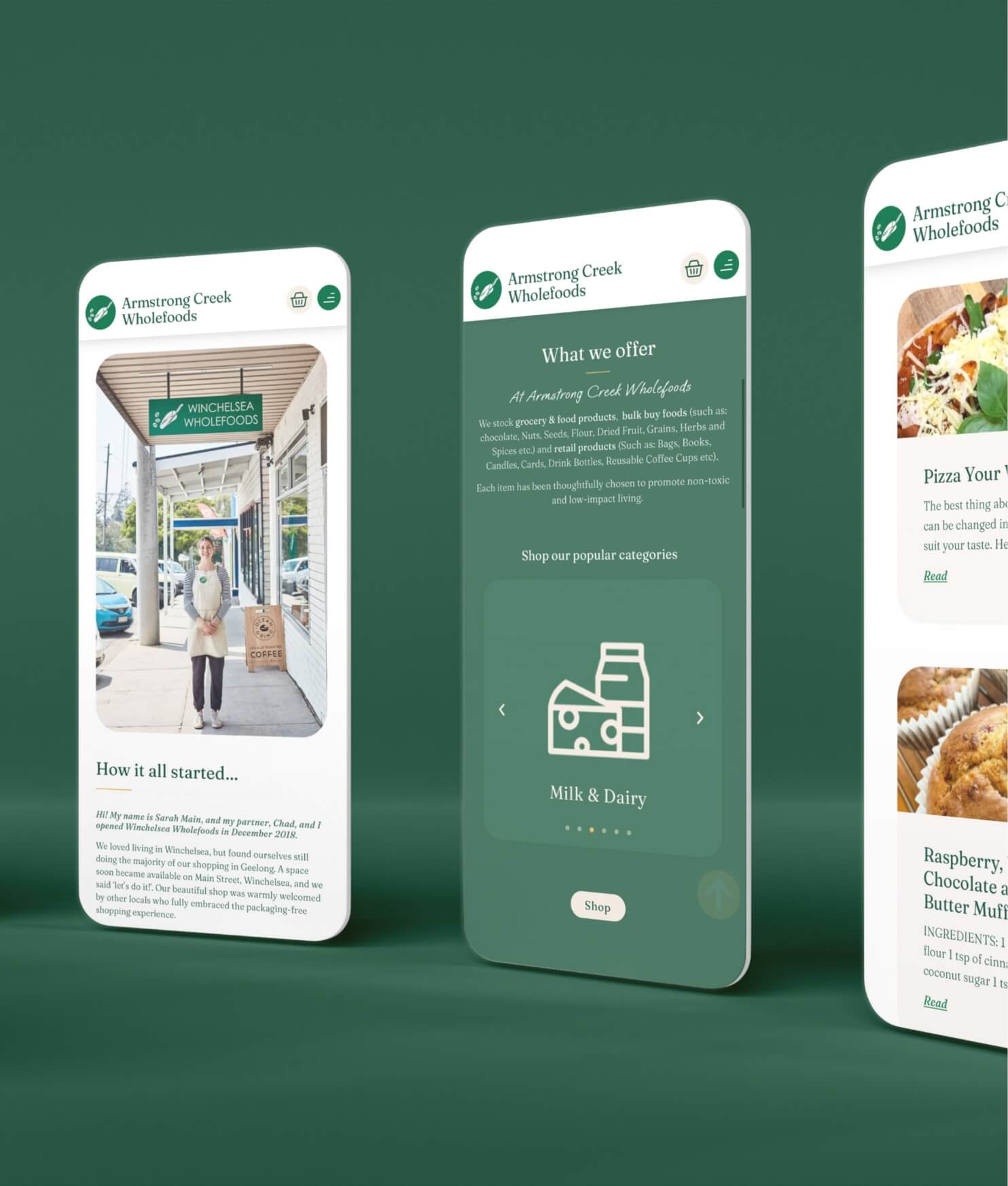 Armstrong Creek Wholefoods website shown over 3 mobile phone shaped cutouts