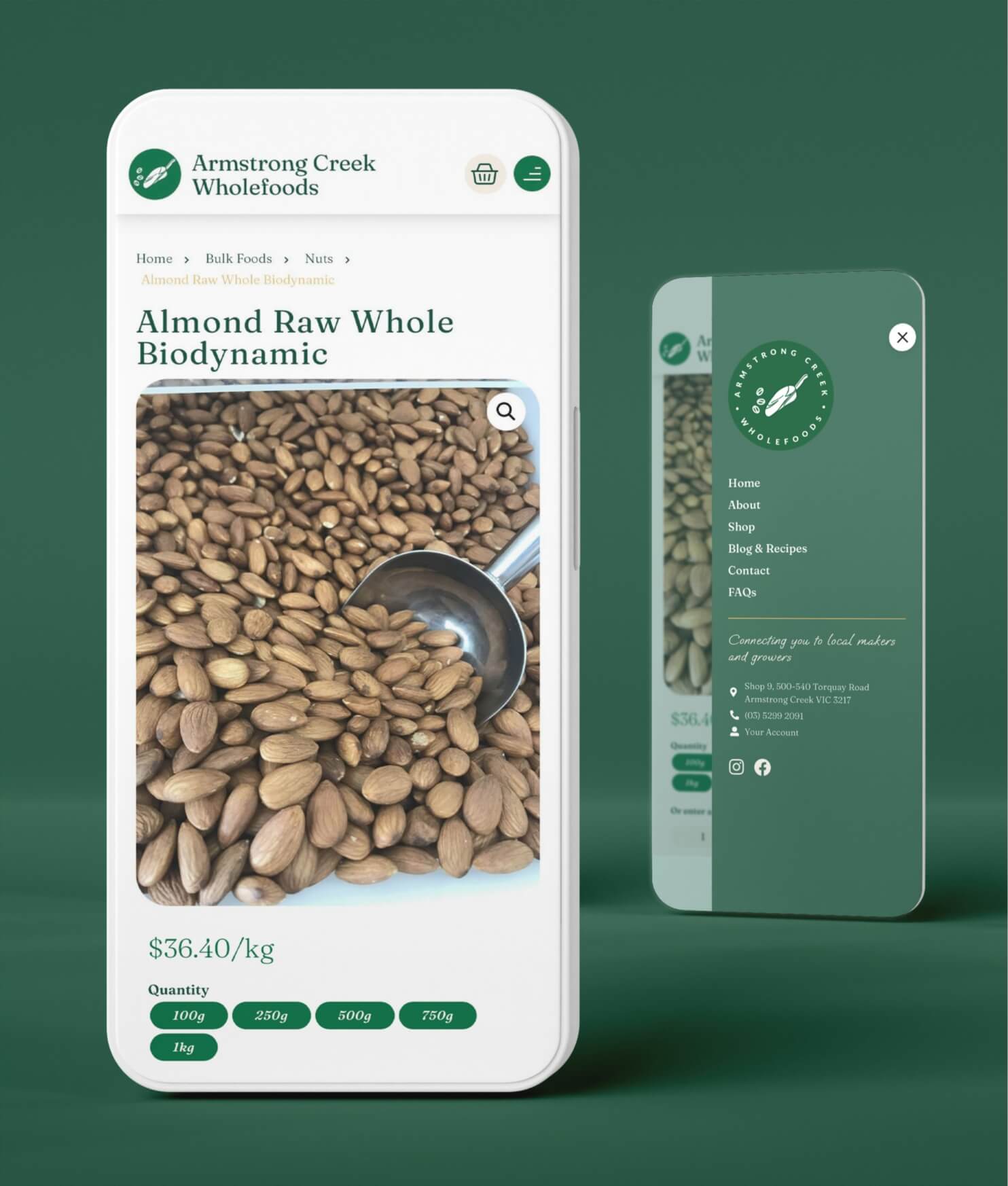 Armstrong Creek Wholefoods website shown over 2 mobile phone shaped cutouts