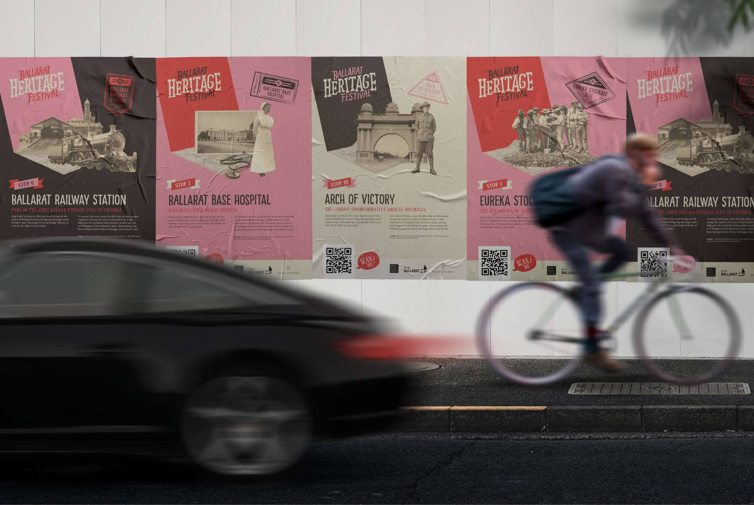 Ballarat Heritage Festival AR experience posters shown across a wall as a mockup